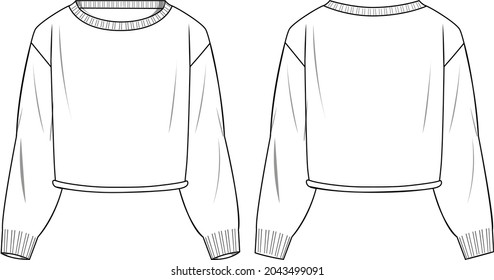 Women's Round Neck Sausage Hem Sweater- Sweater technical fashion illustration. Flat apparel sweater template front and back, white color. Unisex CAD mock-up.