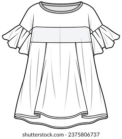 womens round neck short sleeve mini dress flat sketch vector illustration technical cad drawing template