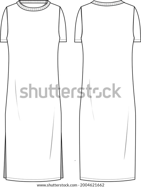 Women\'s\
Round Neck, Side Split, Short Sleeve Midi Knit Dress. Dress\
technical fashion illustration. Flat apparel dress template front\
and back, white colour. Women\'s CAD\
mock-up.