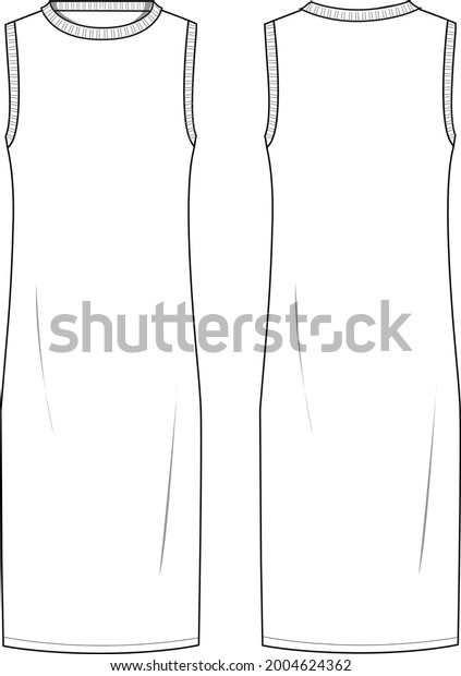 Women\'s Round Neck,\
Sleeveless Midi Knit Dress. Dress technical fashion illustration.\
Flat apparel dress template front and back, white colour. Women\'s\
CAD mock-up.