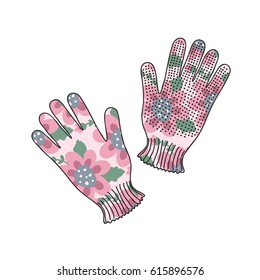 Women's rubber garden glovers with floral pattern. Vector contour.