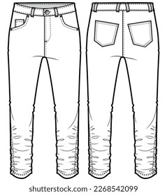 Pantalones de pantalones vaqueros vaqueros vaqueros vaqueros vaporizados de las mujeres vista frontal y posterior dibujo plano ilustración de moda, cinco bolsillos denim pantalones plantilla vectorial