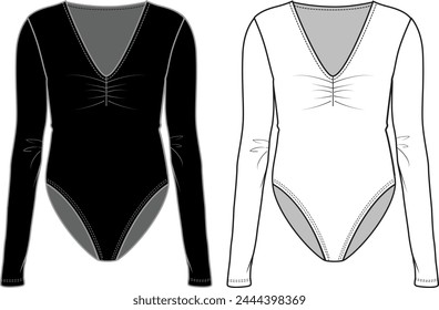 Traje frontal acanalado para mujer. Ilustración técnica de la moda. Frontal, color blanco y negro. Modelo CAD para mujer.