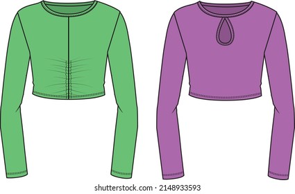 Women's Ruched and Keyhole Cut-out Detail Rib Top- Jersey top technical fashion illustration. Flat apparel jersey top template front, colored. Women's CAD mock-up.