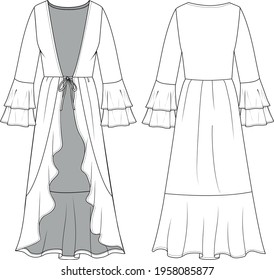 Women's Ruffle Hem Kimono. Kimono technical fashion illustration. Flat apparel kimono template front and back, white color. Women's CAD mock-up.