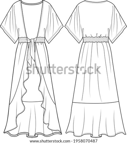 Women's Ruffle Hem Kimono. Kimono technical fashion illustration. Flat apparel kimono template front and back, white color. Women's CAD mock-up.