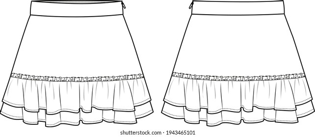 Women's Ruffle Hem, Layered Mini Skirt- Skirt technical fashion illustration. Flat apparel skirt template front and back, white and black color. Women's CAD mock-up.