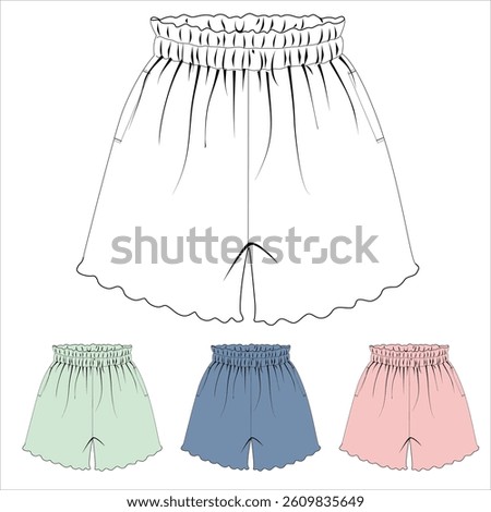Women's Ruffle Hem Shorts Flat Sketch with Color Variations