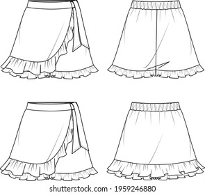 Women's Ruffle Hem Skort. Skort technical fashion illustration. Flat apparel skort template front and back, white colour. Women's CAD mock-up.