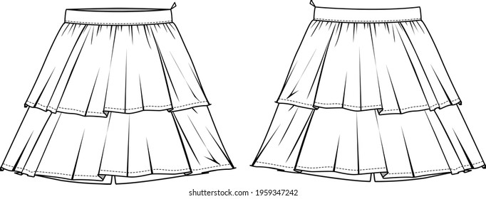 Women's Ruffle Hem Skort. Skort technical fashion illustration. Flat apparel skort template front and back, white colour. Women's CAD mock-up.