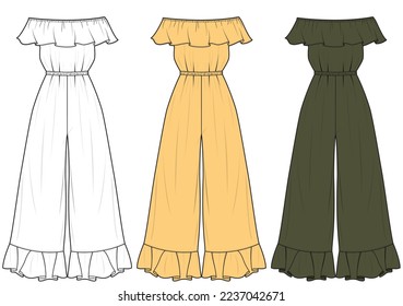 womens ruffle off shoulder wide leg jumpsuit flat sketch vector illustration technical cad drawing template