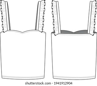 Women's Ruffle Strap Top. Fashion Flat Sketch, apparel template, vector, and technical fashion illustration. Flat apparel top template front and back, white colour. Women's CAD mock-up.