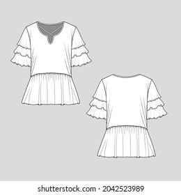 Womens Ruffles fashion top ruffles Sleeve criss cross neck gathering hem peplam  t shirt blouse  cad mockup flat sketch drawing template design vector