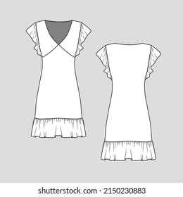 Womens Ruffles sleeve Dress v neck fashion ruffles flounce flare hem flounce sleeve flat sketch technical drawing template design vector