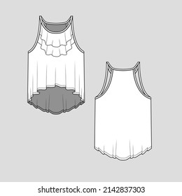 Womens ruffles Tank top high low dip hem fashion top flat sketch. drawing template design vector