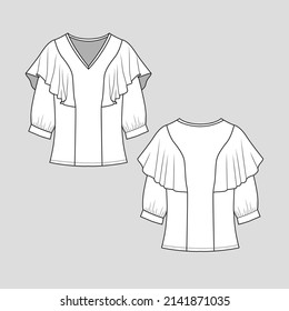 Womens ruffles Top cuff gathering hem 3 4 sleeve v neck shoulder ruffles fashion flat sketch cad technical drawing template design vector