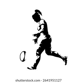 Womens rugby, female rugby player kicking ball, isolated high contrast vector illustration