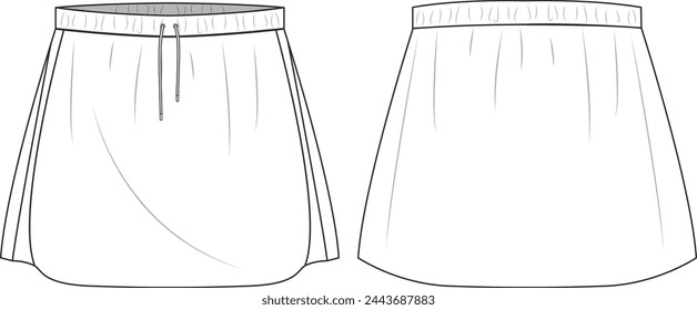 Women's running mini skirt design flat sketch fashion illustration for girls and women, tennis skirt concept with front and back view.