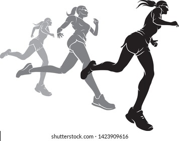 Women's Running Race Foreshortening Set, Isolated Vector