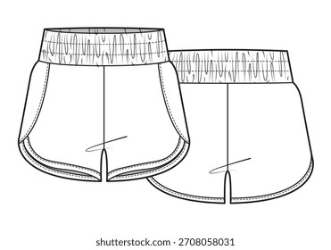 Pantalones cortos de running para mujer Vector de diseño maqueta Plantilla boceto plano técnico.