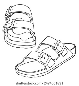 Women's Sandals Adjustable Double Buckle Strap Waterproof Flat Slides Line art, Technical sketch hand drawing outline vector doodle illustration isolated on white background