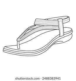 Sandalias de las mujeres Arco Asistencia Slingback Sandalias Zapatos de playa de verano Correa de tobillo Line art, dibujo técnico dibujo a mano contorno de dibujo de Vector doodle ilustración, varias vistas aisladas sobre fondo blanco