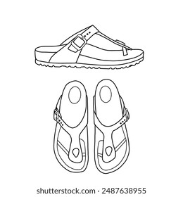 Women's sandals are comfortable to support summer line art. Technical sketch drawing outline vector doodle illustration top and side view, isolated on a white background