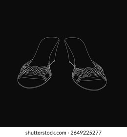 Women's sandals feature a flat sole and delicate thin straps with a buckle closure. The light-colored footwear stands out against a black background. The minimalist line drawing highlights.