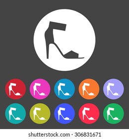 Women's sandals with high heels, the modern silhouette. Menu item in the web design. Set of colored icons.