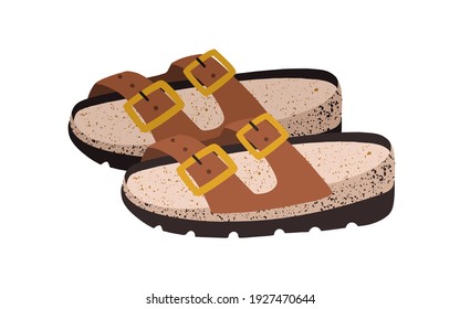 Women's sandals. Summer backless shoes with straps, pin buckle and comfortable suede footbed. Colored flat vector illustration of trendy fashion footwear isolated on white background