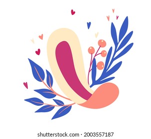 Women's sanitary pad. Sanitary napkins with leaves and flowers. Menstruation period. Feminine hygiene product. Flat cartoon vector illustration isolated on white background