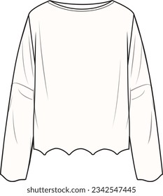 Women's Scallop Hem Jumper- Technical fashion illustration. Front, white colour. Women's CAD mock-up.