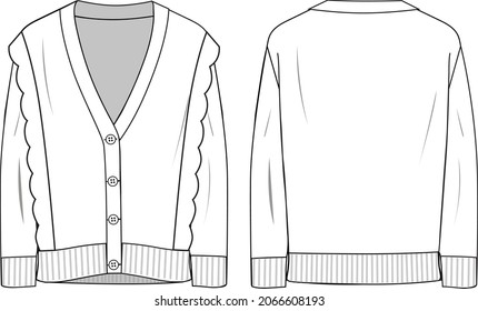 Cardigan, detalle de espuma de vieiras. Ilustración técnica de moda cardigana. Funda plana de cardigan en la parte delantera y trasera, color blanco. Burla de CAD de mujeres.