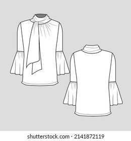 Womens scarf neck tie up  ruffles bell sleeve top fashion flat sketch cad mockup technical drawing template design vector