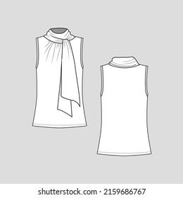 Womens scarf neck tie up Sleeveless vest  top fashion flat sketch cad mock up technical drawing template design vector