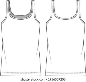 Women's Scoop Neck Basic Strappy Tank Top- Jersey Top technical fashion illustration. Flat apparel top template front and back, white colour. Women's CAD mock-up.