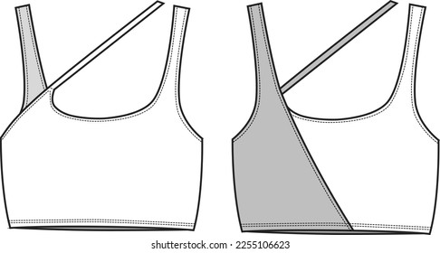 Women's Seamless Active Bralette. Top technical fashion illustration. Flat apparel top template front and back. Women's CAD mock up.