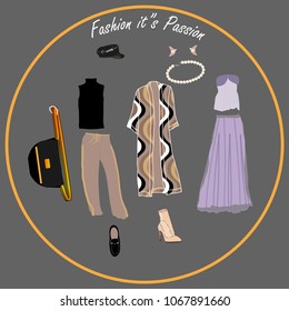 Women"s set clothes: pants,top, skirt, jacket, cap, lace shoes, loafers, bag and pearl jewelry set. In gold, coffee and lilac colors. Closed in grey background