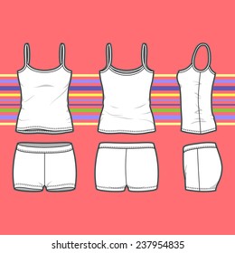 Women's set in front, back and side views. Blank templates of top and shorts. Casual style. Vector illustration on the striped background for your fashion design. 