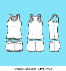 Women's set in front, back and side views. Blank templates of tank top and shorts. Casual and sport style. Vector illustration for your fashion design. 