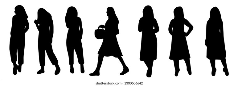 Women's shadow Isolated on black, white scene, vector illustration set
