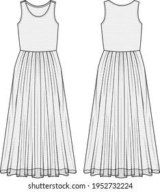 Women's Sheer-Mesh Maxi Dress- Tulle dress technical fashion illustration. Flat apparel dress template front and back, white colour. Women's CAD mock-up.