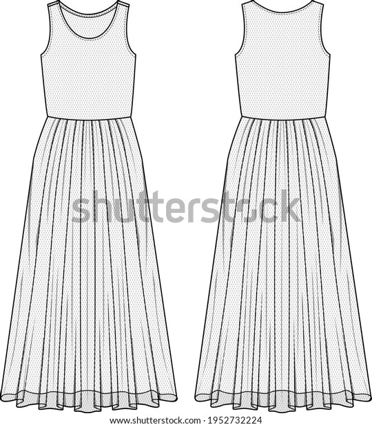 Women\'s Sheer-Mesh Maxi Dress- Tulle dress\
technical fashion illustration. Flat apparel dress template front\
and back, white colour. Women\'s CAD\
mock-up.