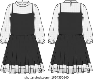 Women's Sheer-Mesh Mini Dress- Tulle dress technical fashion illustration. Flat apparel dress template front and back, white colour. Women's CAD mock-up.