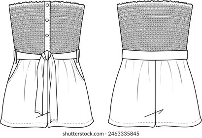 Women's Shirred, Button Front Playsuit.Technical fashion illustration. Front and back, white colour. Women's CAD mock up.