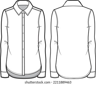 Women's Shirt Blouse flat sketch fashion illustration, Long sleeve formal shirt for girls and ladies template mock up