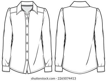 Women's Shirt Blouse flat sketch fashion illustration drawing front and back view, Long sleeve formal shirt cad for girls and ladies template mock up