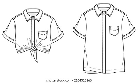 Women's Shirt Button Front Short Sleeve Tie Front Knot Shirt Flat Sketch Vector Illustration