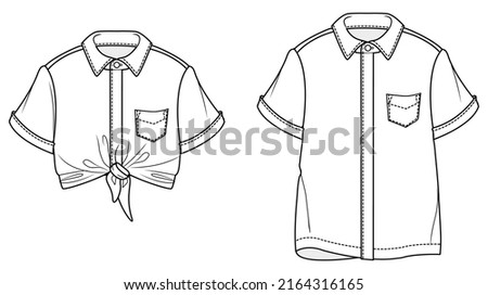women's shirt button front short sleeve tie front knot shirt flat sketch vector illustration Stock photo © 