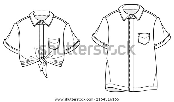 women\'s shirt button front short\
sleeve tie front knot shirt flat sketch vector\
illustration